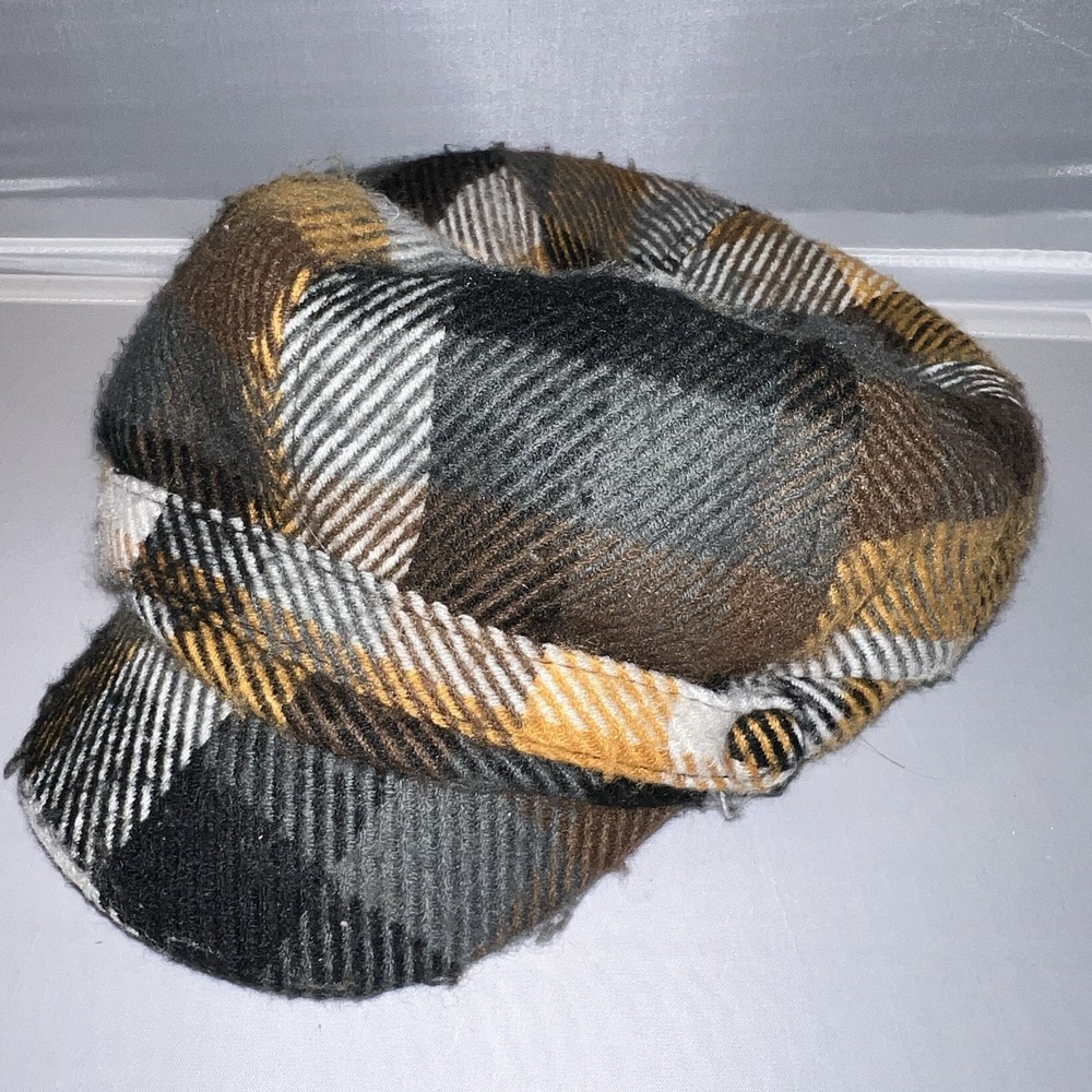 Papillon Newsboy Beanie Cabbie Womens Hat Cap Lined Yellow Black White Plaid